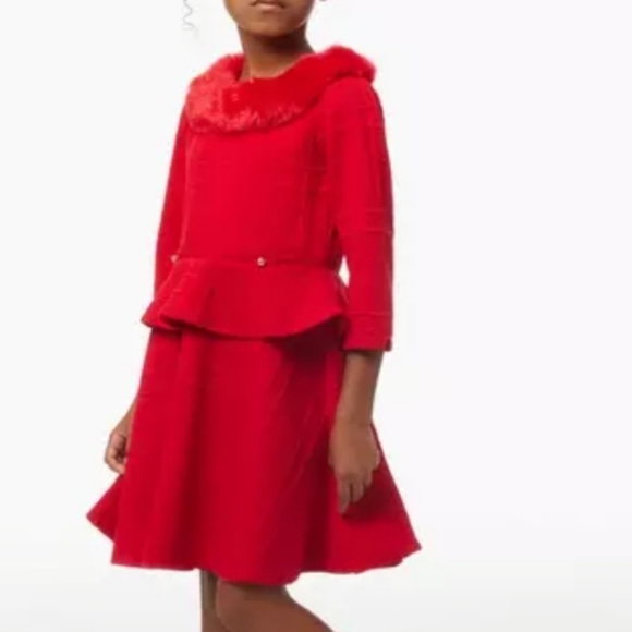 Janie and Jack Faux Fur Collar Jaquard Dress Red Size 10